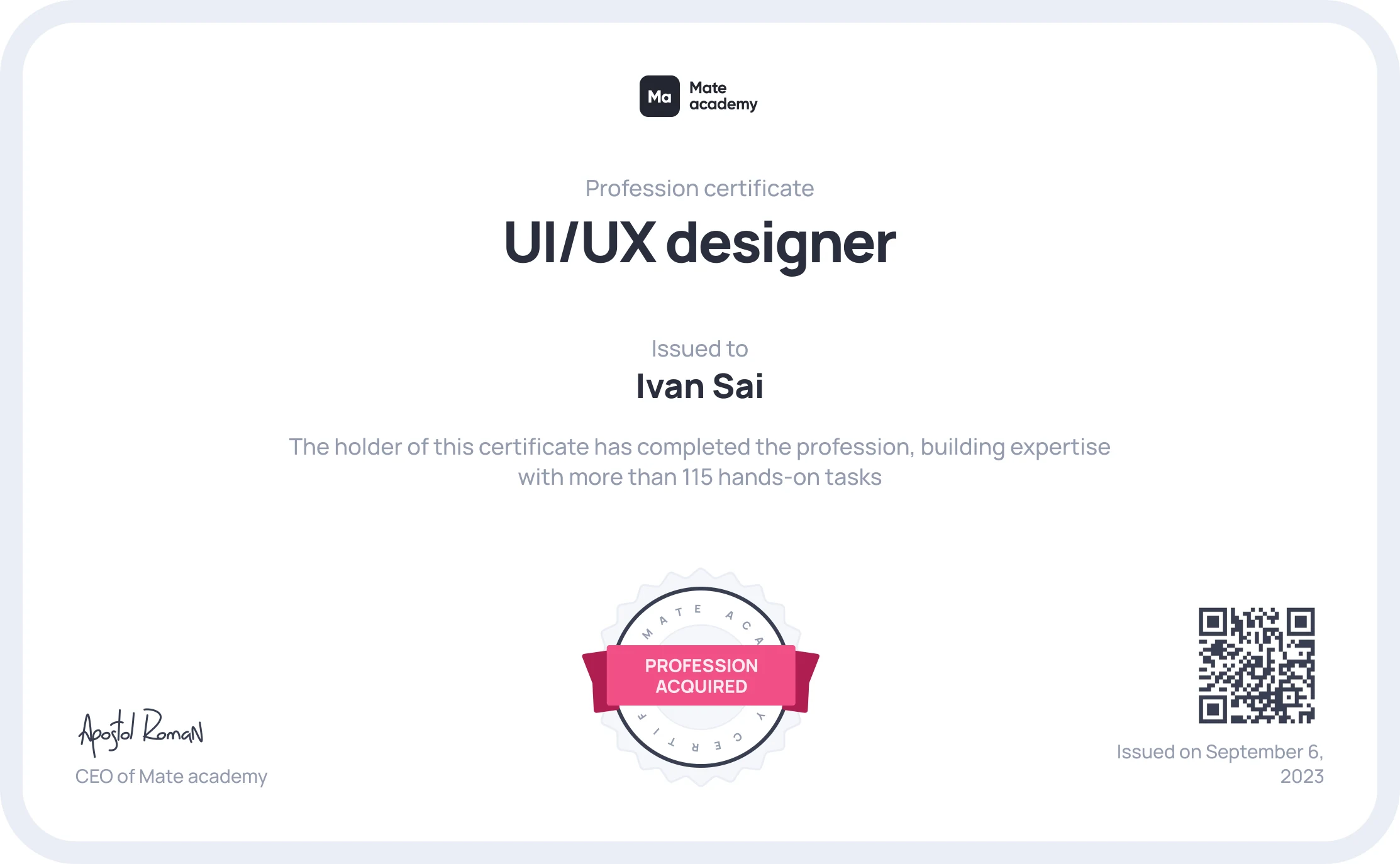 Mate Academy profession certificate, UI/UX designer, issued to Ivan Sai on 6 September 2023